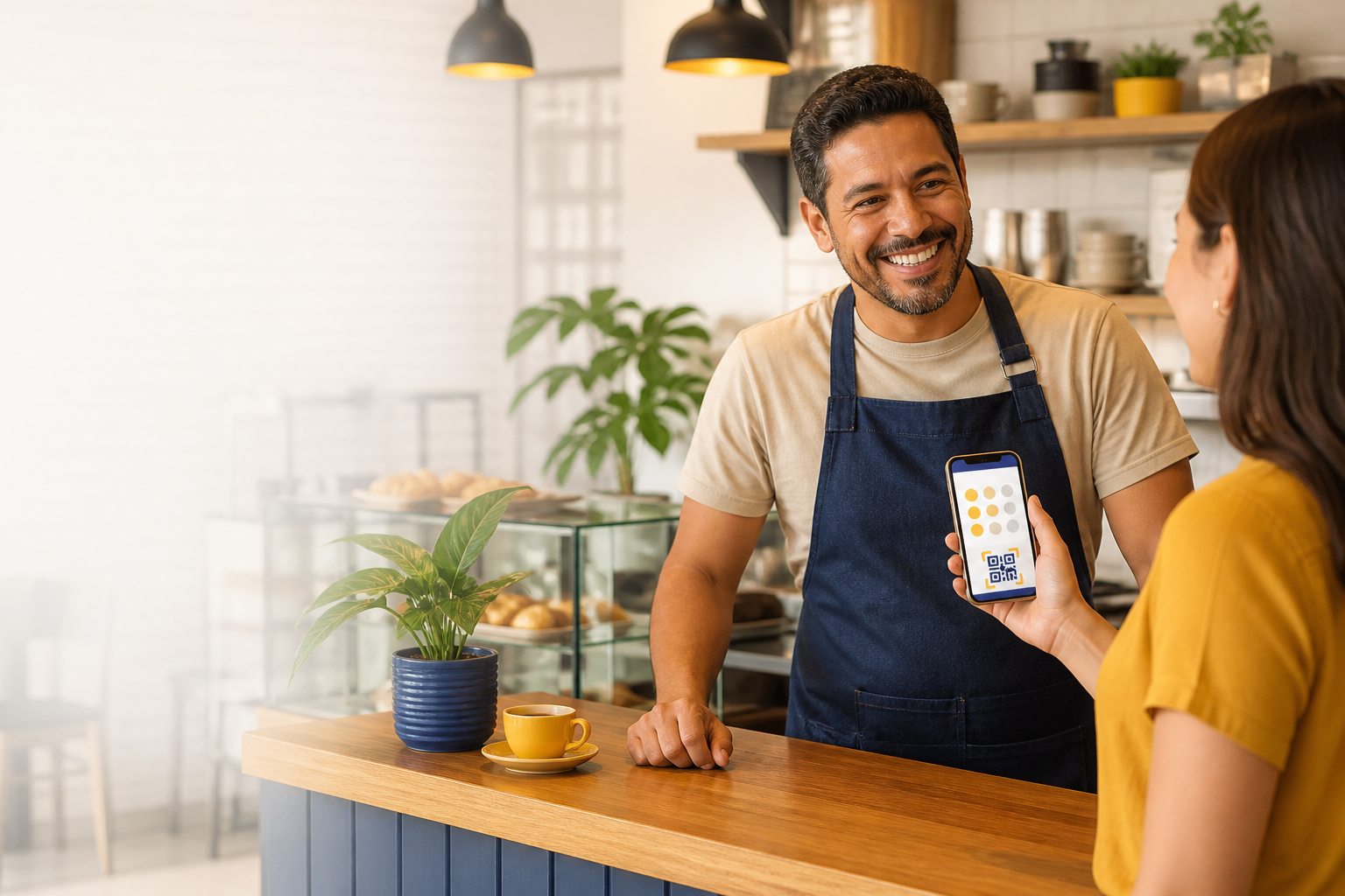 Atendente confirmando o cartão fidelidade digital de uma cliente